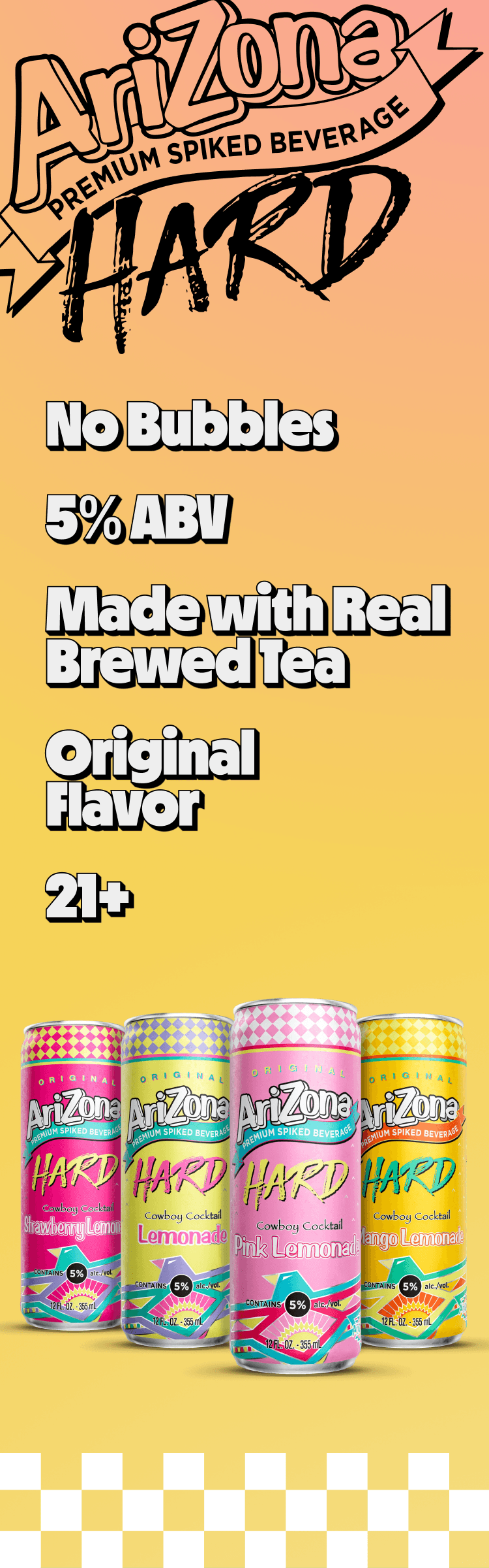 arizona hard lemonades promotional - no bubbles, 5% abv, made with real brewed tea, original flav, 21+ (vertical)
