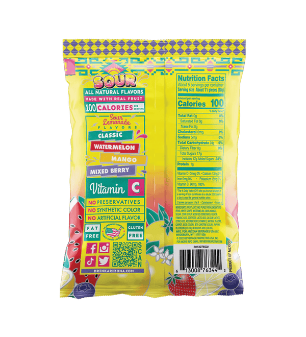 Sour Lemonde 5oz Fruit Snacks Back Label