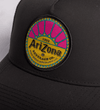 Black Sunburst Snapback Hat Logo Close Up
