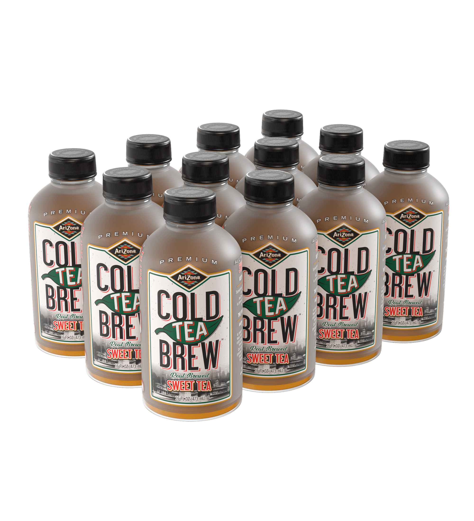 Multiple bottles of arizona cold brew sweet tea with visible labels