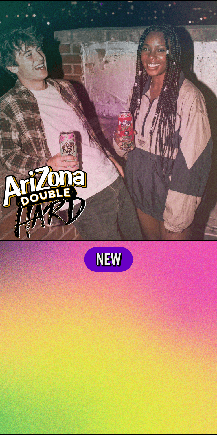 A promotional graphic for Arizona Double Hard featuring a photo of two smiling young adults holding Arizona cans in a dim outdoor setting, with a large Arizona Double Hard logo and a bright teal NEW! badge over a pink-to-yellow gradient background.