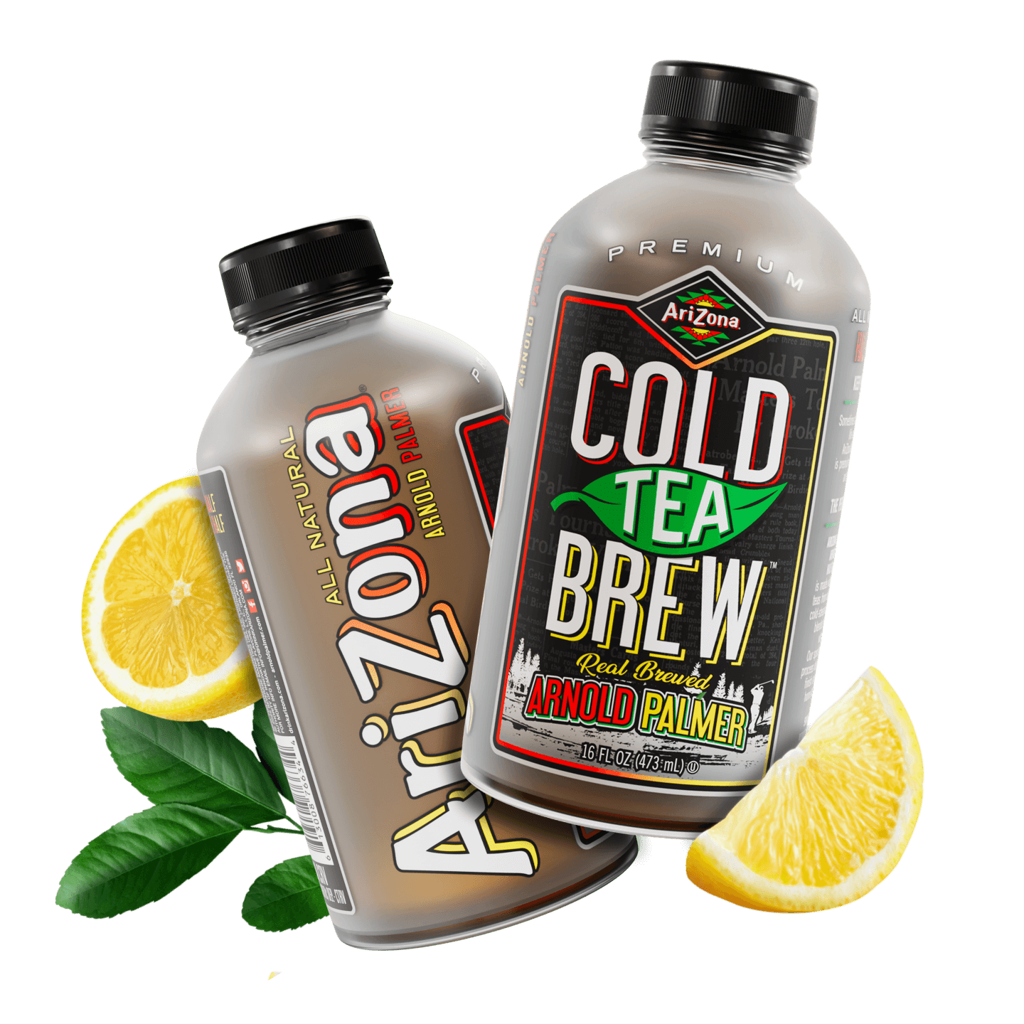 Two bottles of Arizona Arnold Palmer and Cold Tea Brew with lemon slices 