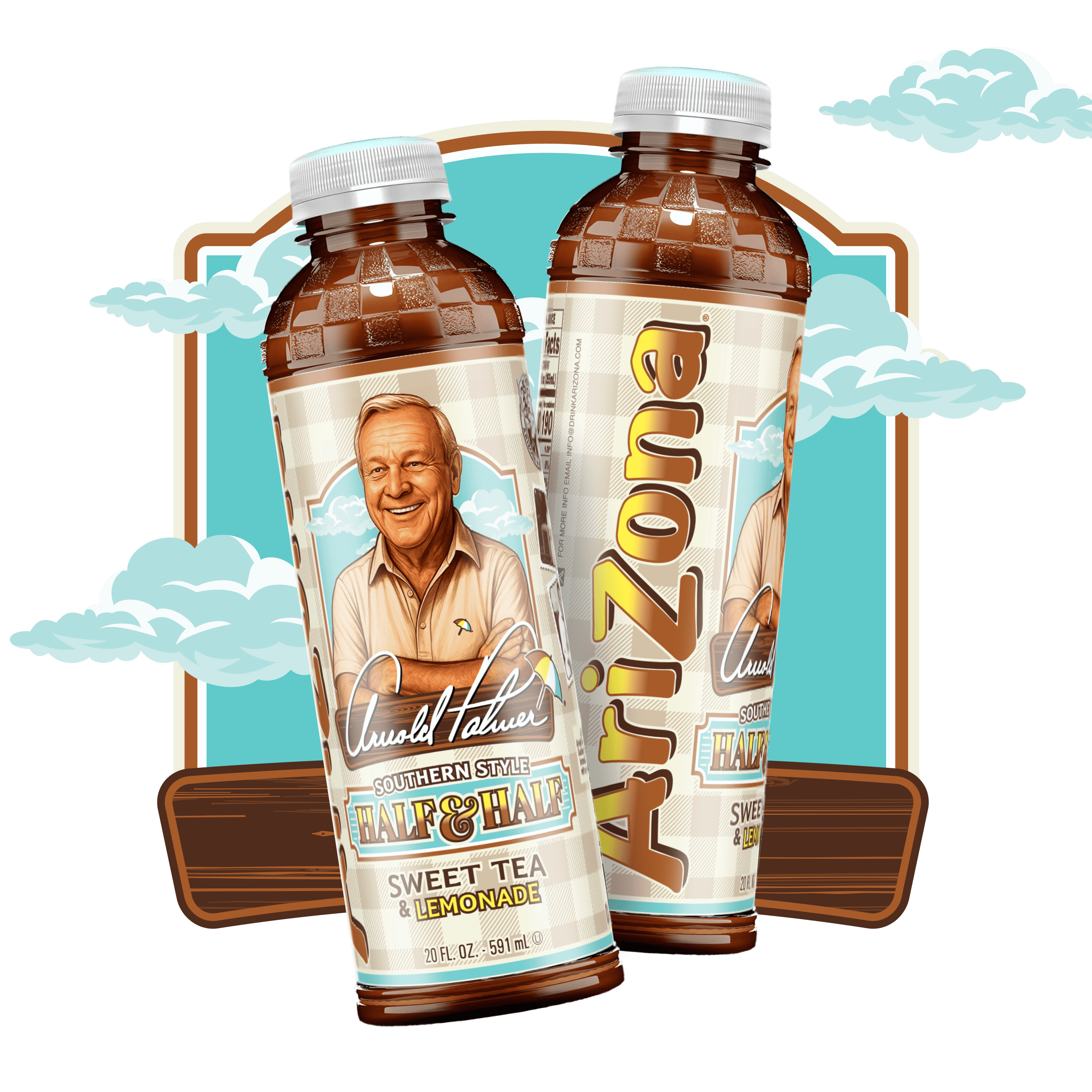 Two bottles of Arizona tea with a vintage-style label featuring a portrait on a decorative background.