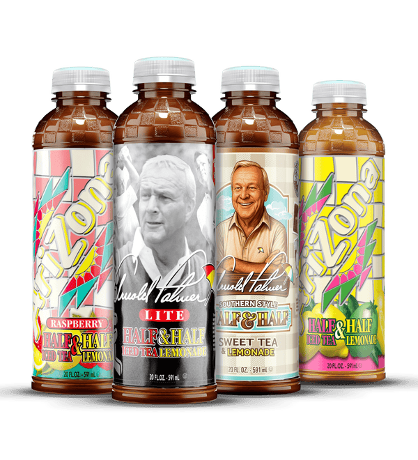 Four bottles of Arnold Palmer Signature Line beverage mix on a black background, featuring different flavor labels: Raspberry, Silver Half & Half Lemonade, Sweet Tea, and Lime & Half & Half Lemonade.