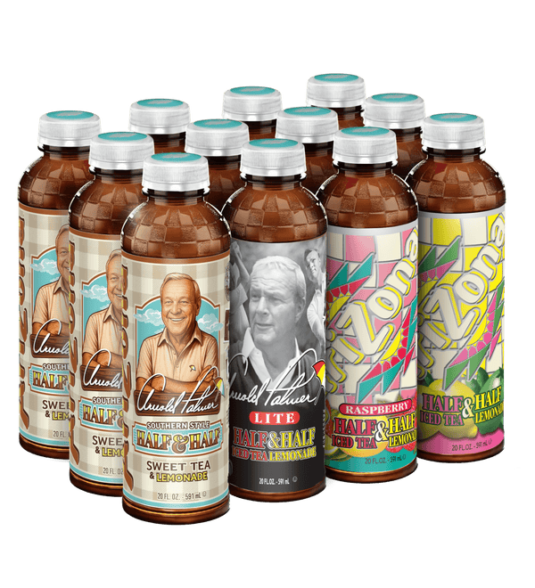 A group of bottled beverages arranged together on a black background. The bottles are brown with white caps and colorful labels featuring portraits and text including 'Half & Half'.