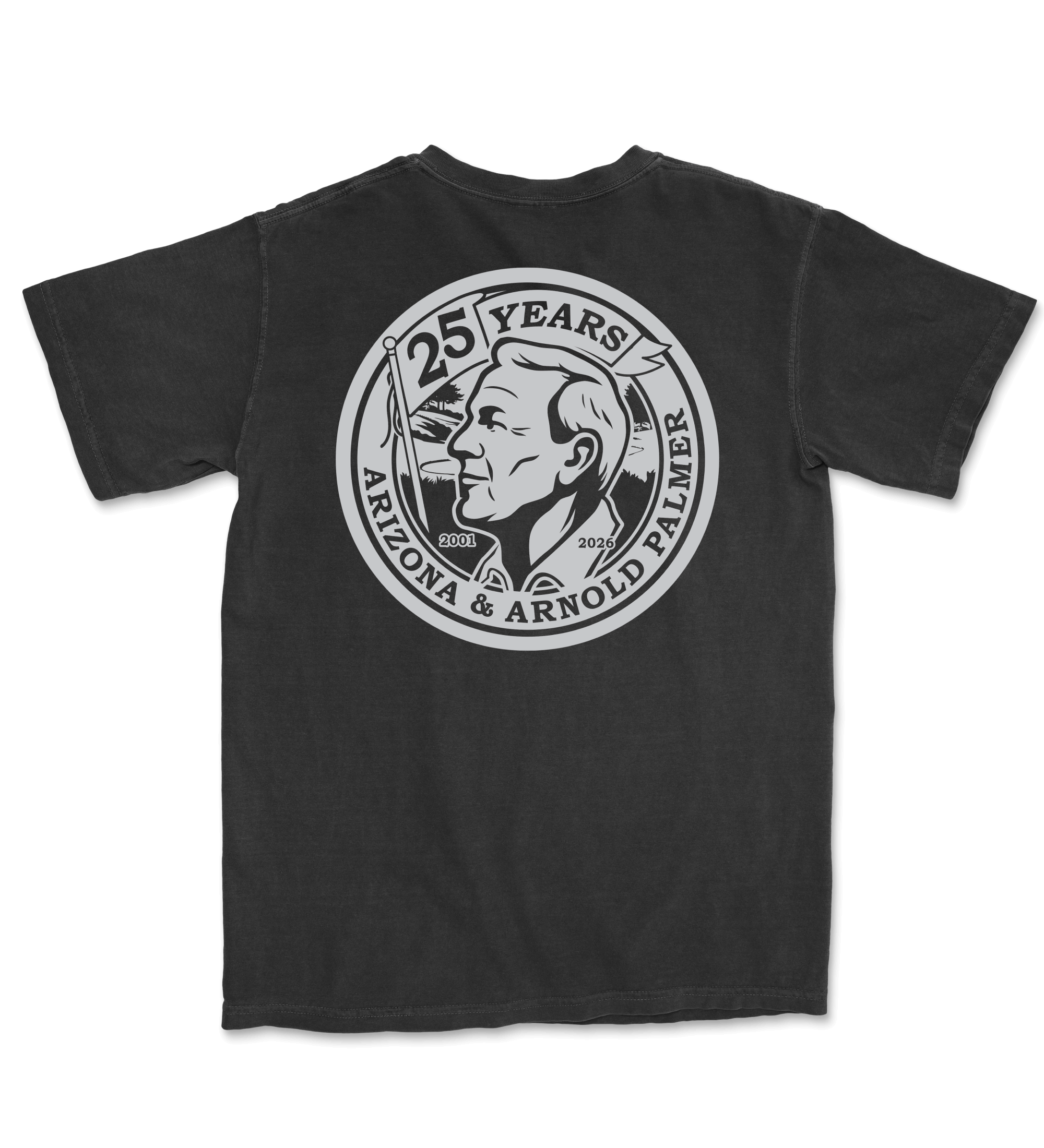 Black t-shirt with a circular logo featuring a portrait and text on a white background