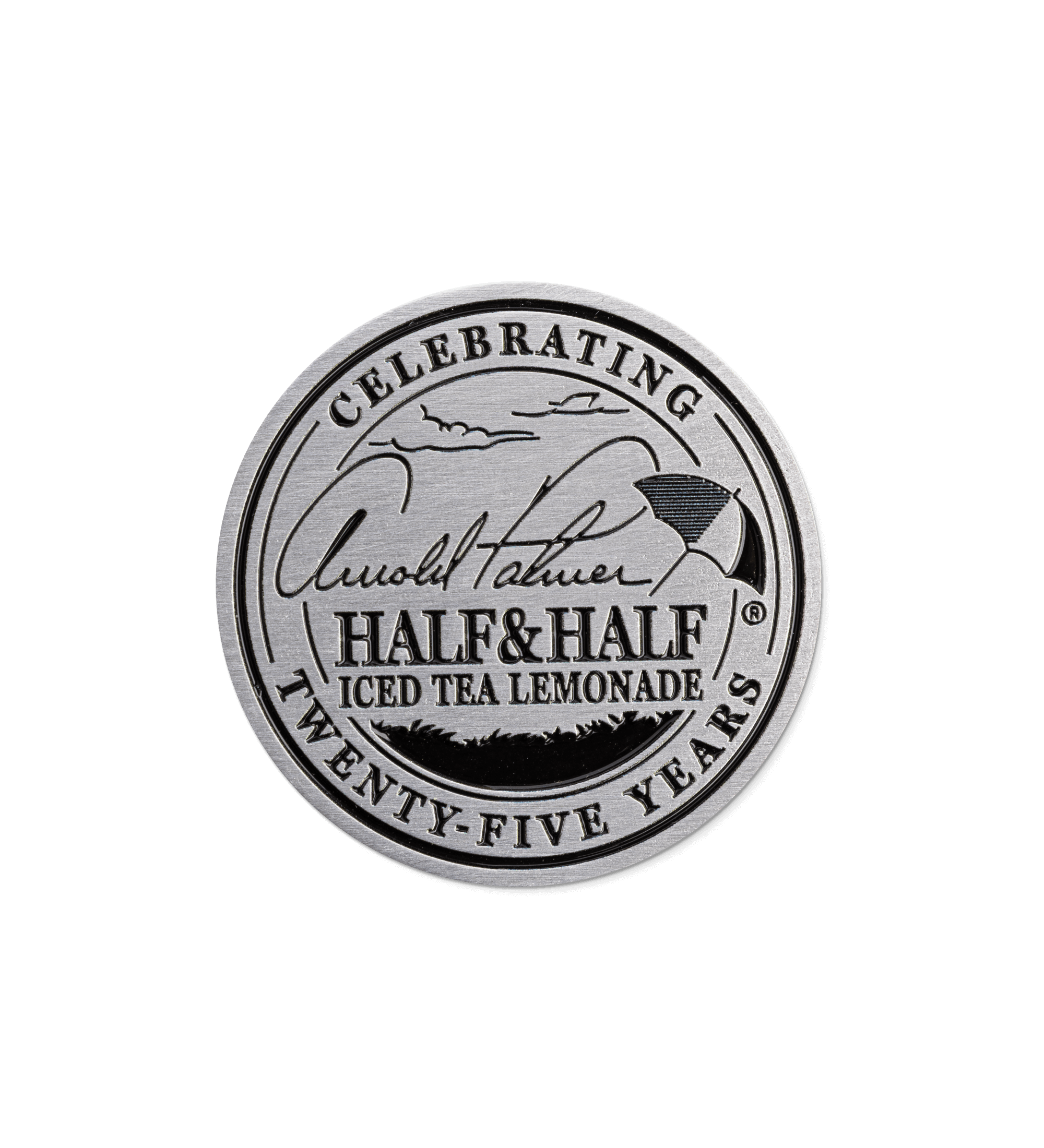 Silver emblem celebrating Arnold Palmer's Half & Half iced tea lemonade 