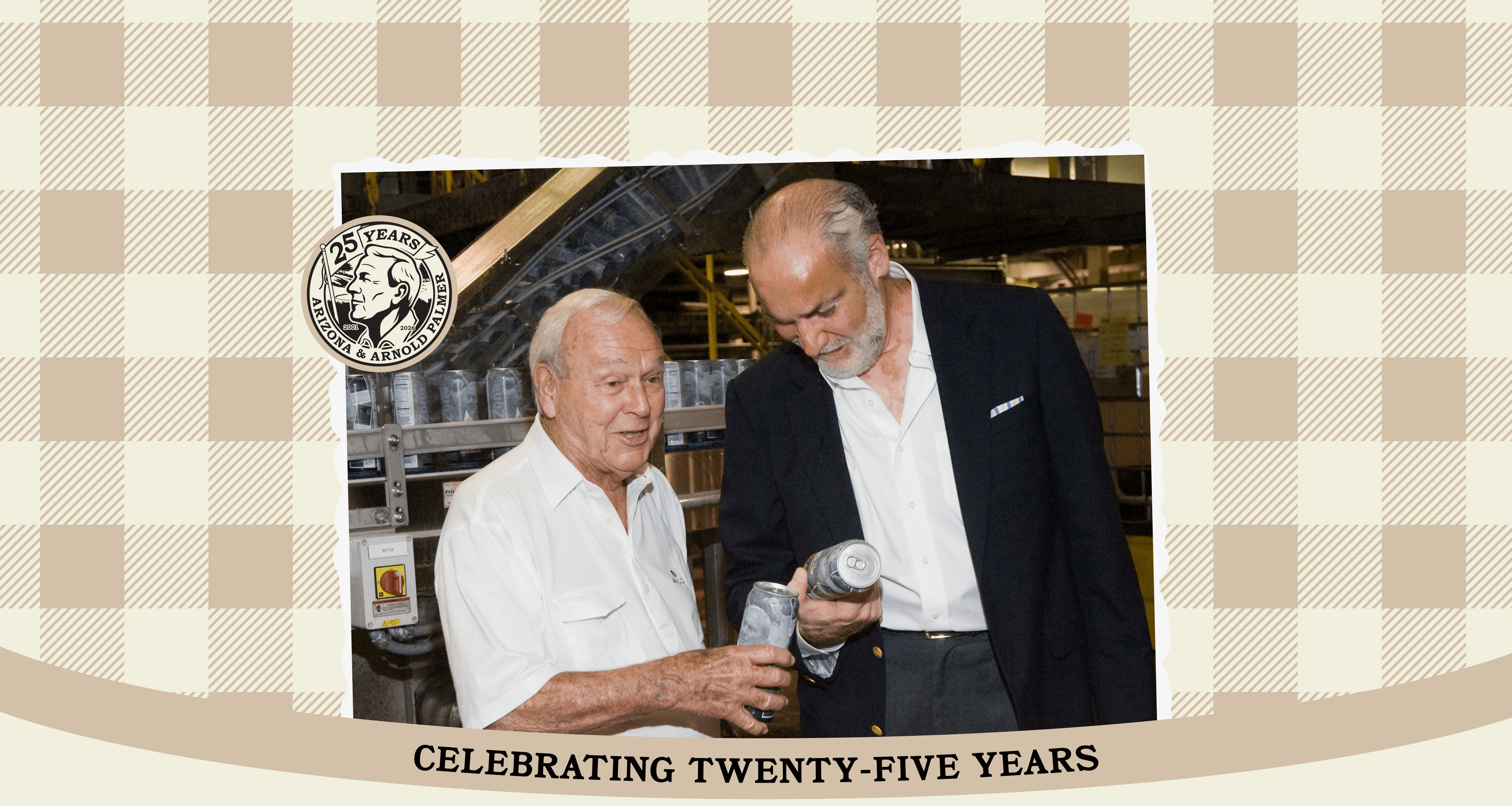 Two men standing next to each other with a checkered border and text celebrating 25 years.