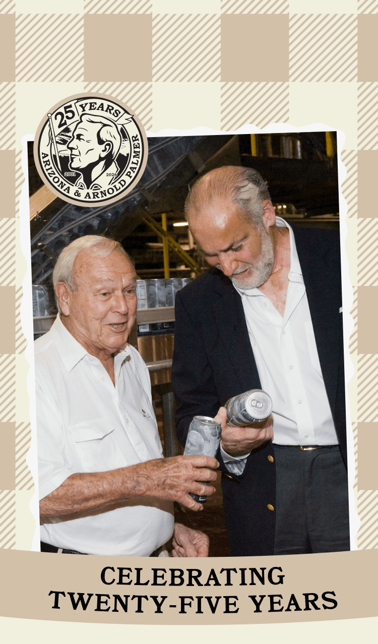 Two men celebrating with a bottle, framed by a checkered border with a 25th anniversary logo.