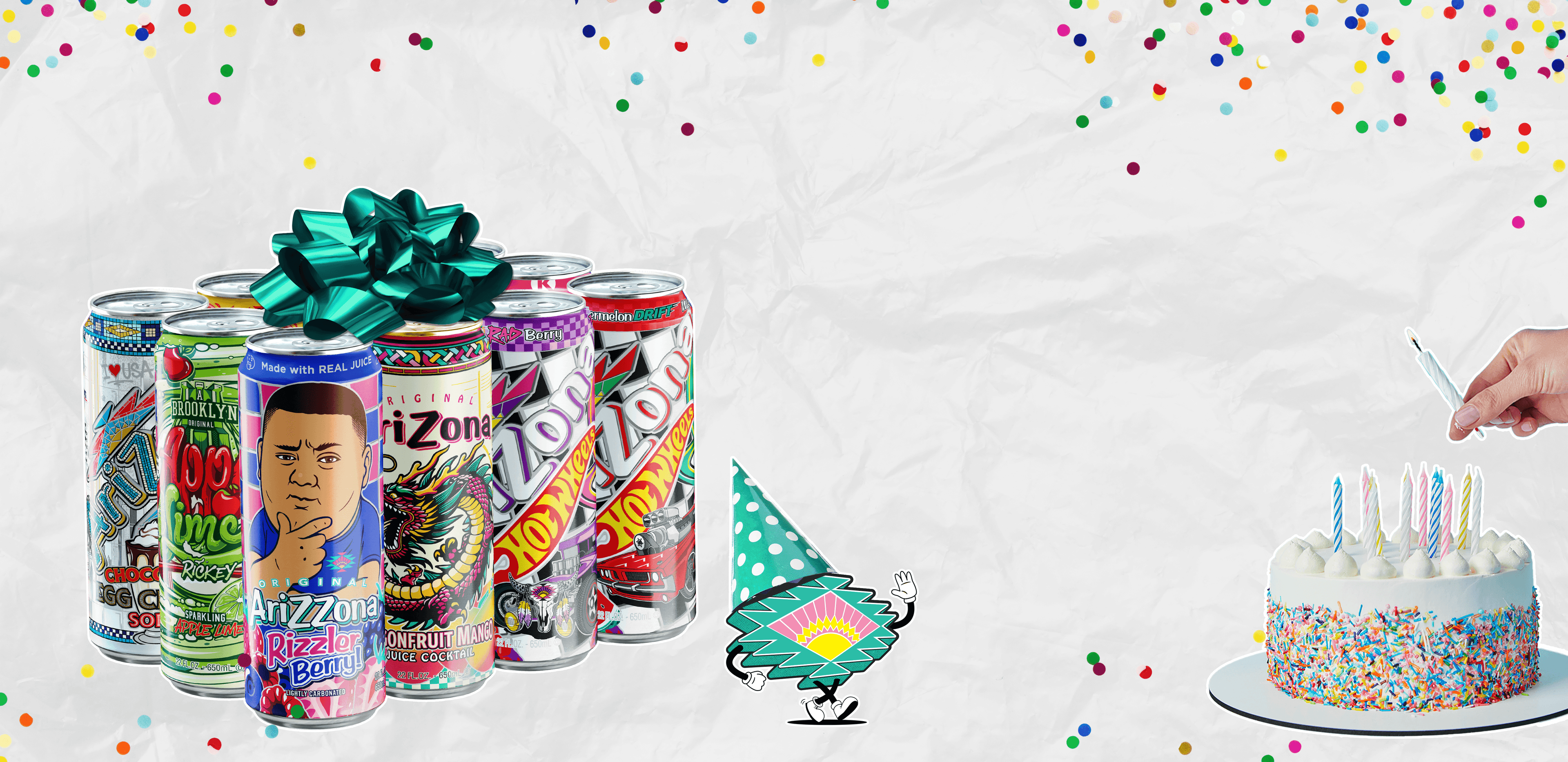 Assorted cans with colorful packaging next to a birthday cake with candles on a white background with confetti.