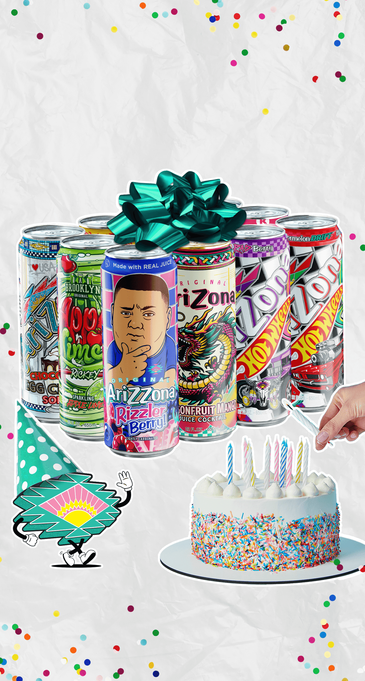 Assorted Arizona iced tea cans with colorful labels and a birthday cake with candles on a white background.