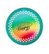 An Arizona Premium Spiked Beverage HARD Frisbee on a solid black background. The disc features a vibrant teal outer rim, a green-to-orange gradient center, a red-to-orange gradient bottom section, and a white and teal checkered ring around the outer edge.