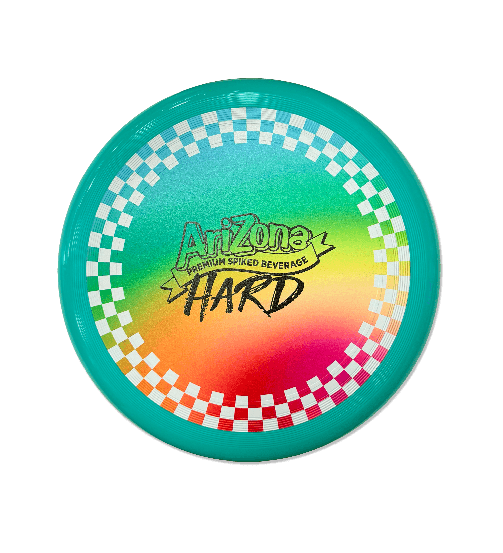 An Arizona Premium Spiked Beverage HARD Frisbee on a solid black background. The disc features a vibrant teal outer rim, a green-to-orange gradient center, a red-to-orange gradient bottom section, and a white and teal checkered ring around the outer edge.