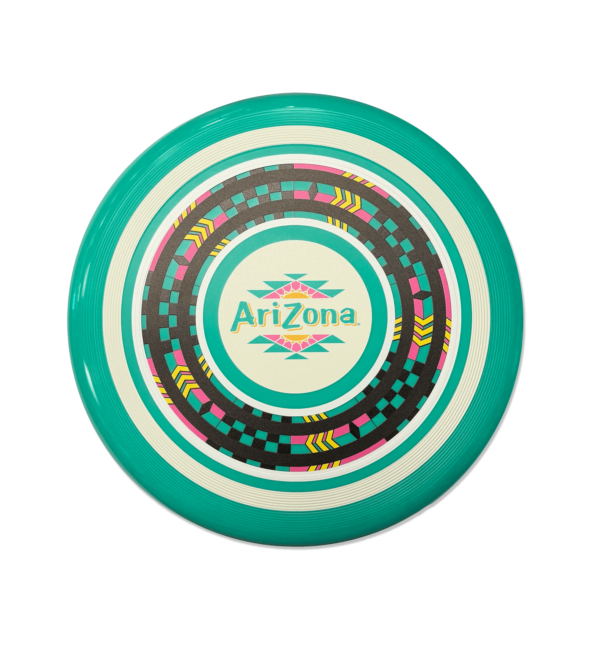 A circular flying disc with a turquoise outer ring, concentric white and dark gray rings, and a central cream circle featuring the 'AriZona' brand name and geometric patterns in pink, yellow, and teal, set against a solid black background.
