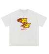 White t-shirt with a red and yellow AZ Hot wheels graphic design 