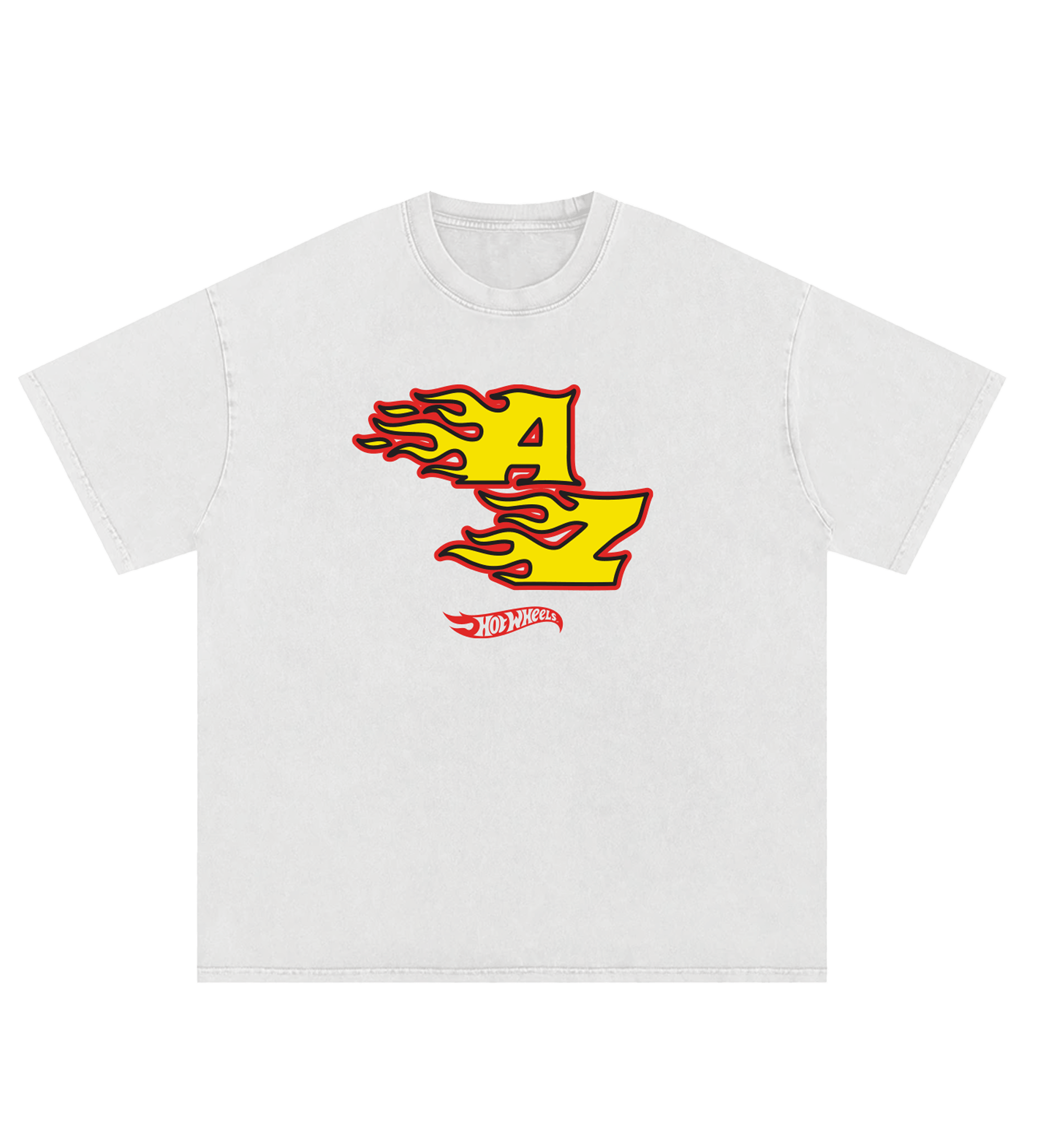 White t-shirt with a red and yellow AZ Hot wheels graphic design 