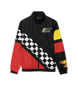 Black jacket with red, yellow, and checkered pattern