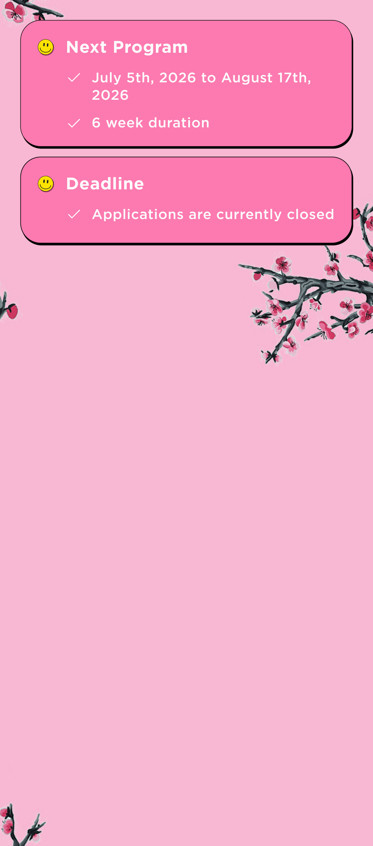 A pink digital graphic with two rounded rectangular text boxes containing program and deadline information, plus cherry blossom branch illustrations in the corners.