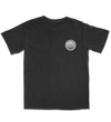 Black t-shirt with a white logo on a black background
