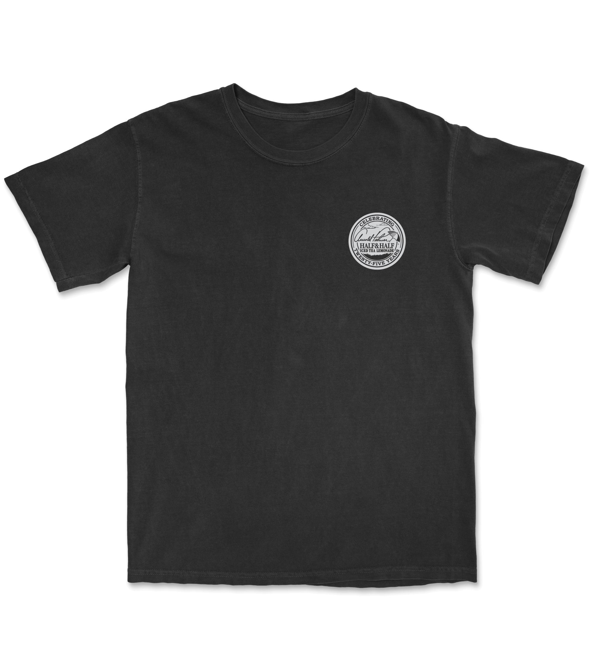 Black t-shirt with a white logo on a black background