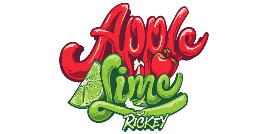Logo of Apple Lime Rickey with red apple and green lime on a black background