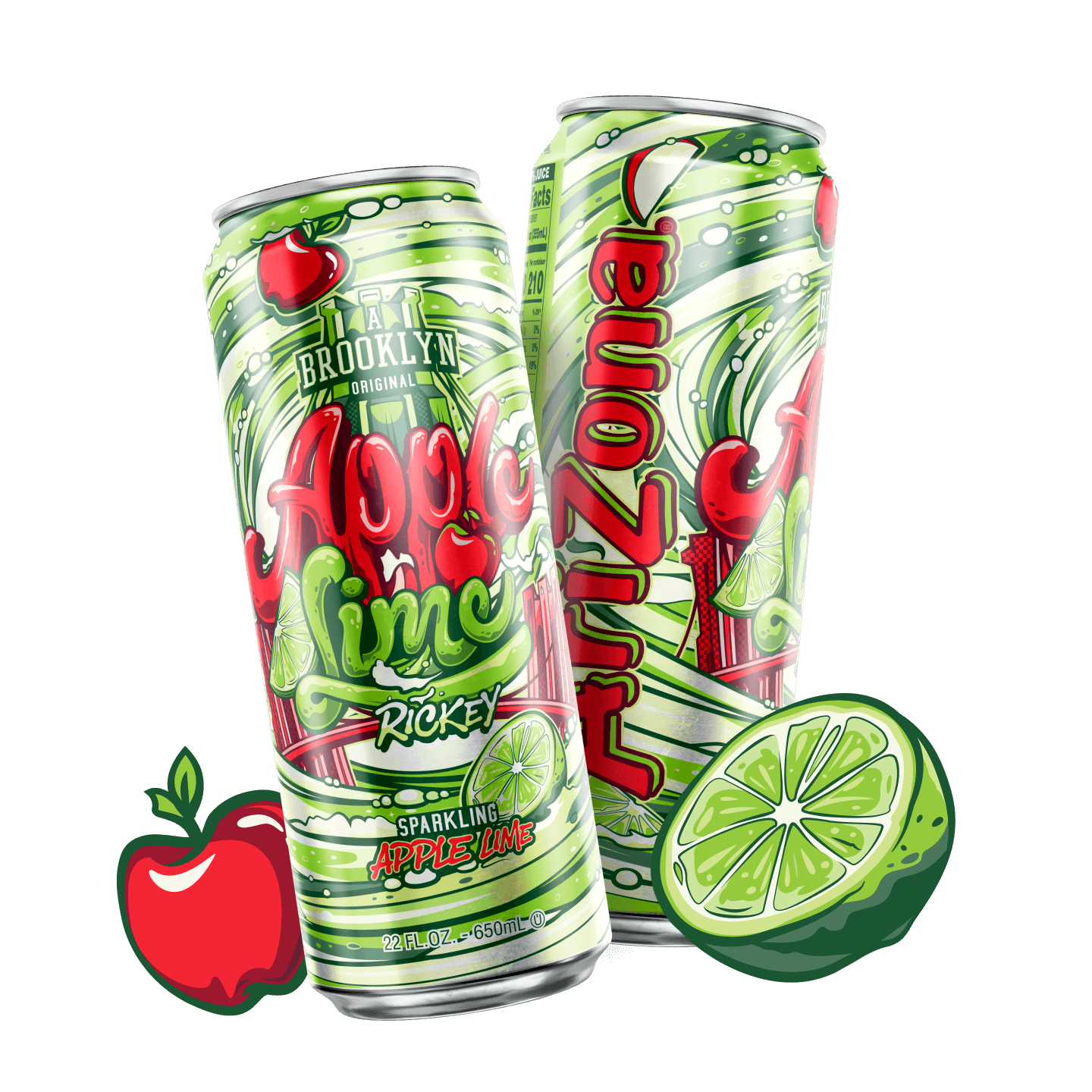 Two cans of Apple Lime Arizona Sparkling Apple Lime drinks with a slice of lime and apple on a black background.