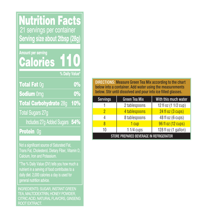 AriZona Green Tea Canister Mix Nutrition Facts
