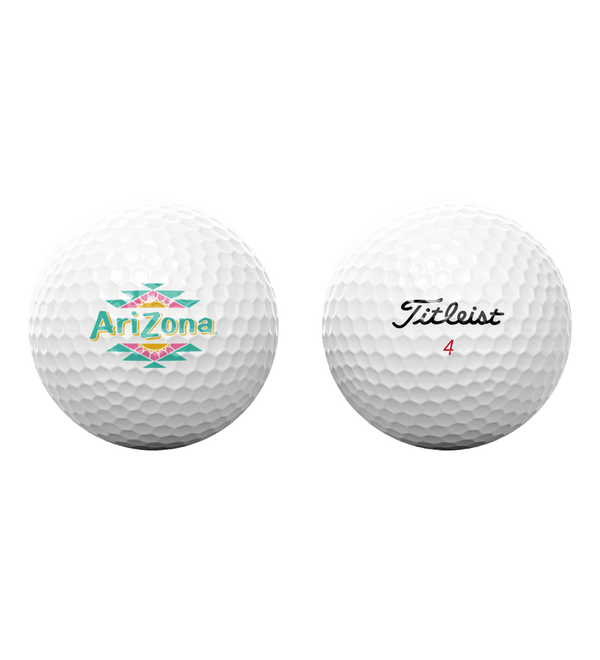 Two golf balls, one with 'Arizona' logo and the other with Titleist branding, on a white background.
