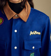 Arizona heritage field coat lifestyle logo detail female blue wool