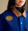 Arizona heritage field coat lifestyle patch detail female blue wool