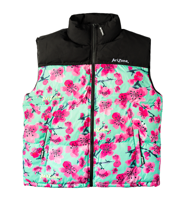 Black & Teal Cherry Blossom Puffer Vest
