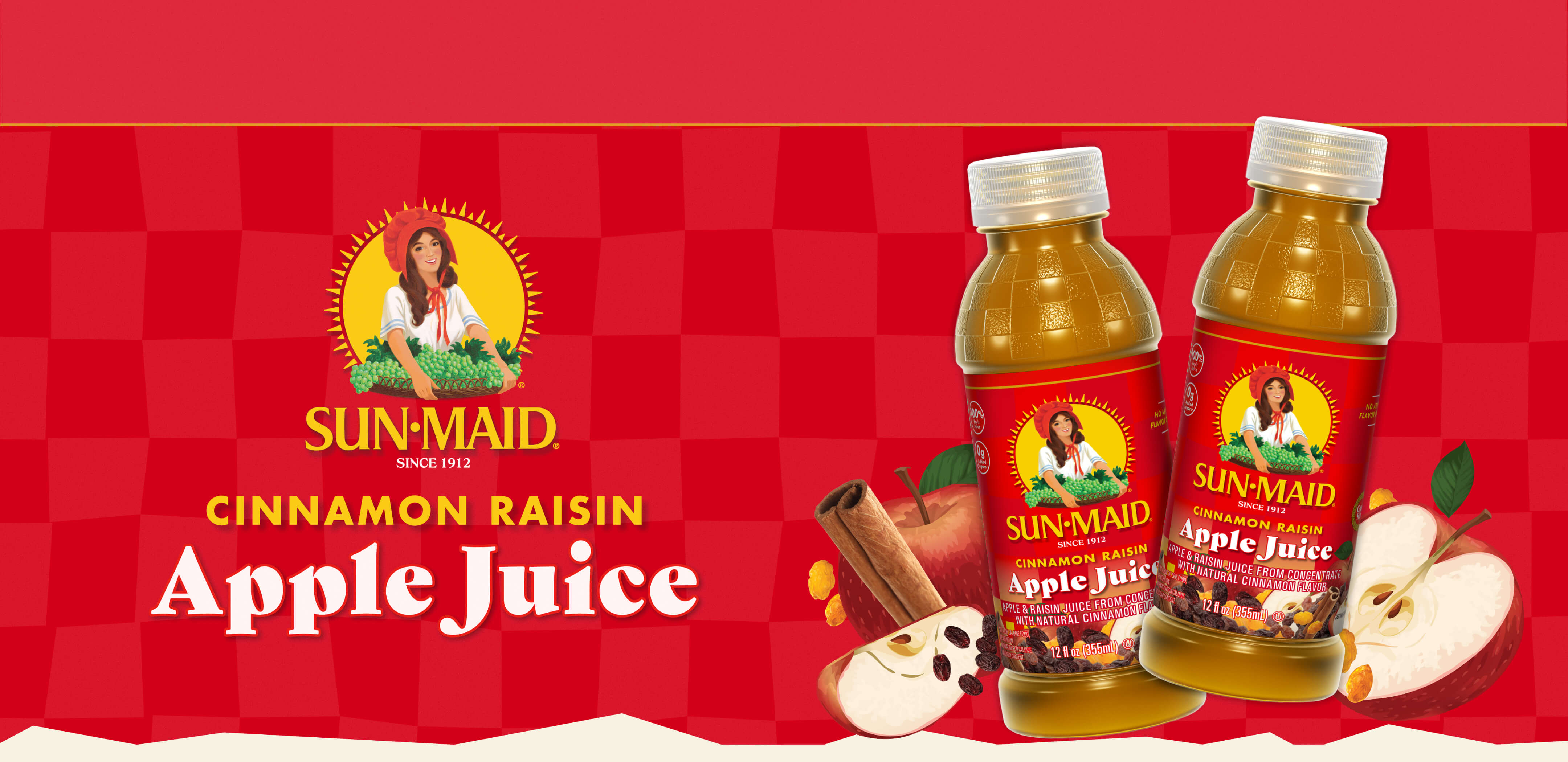 Sun-Maid Apple Juice bottles on a red checkered background