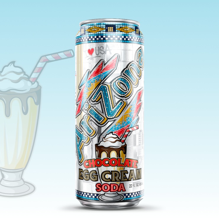 Can of Chocolate Egg  Cream Soda with a milkshake graphic on a light blue background