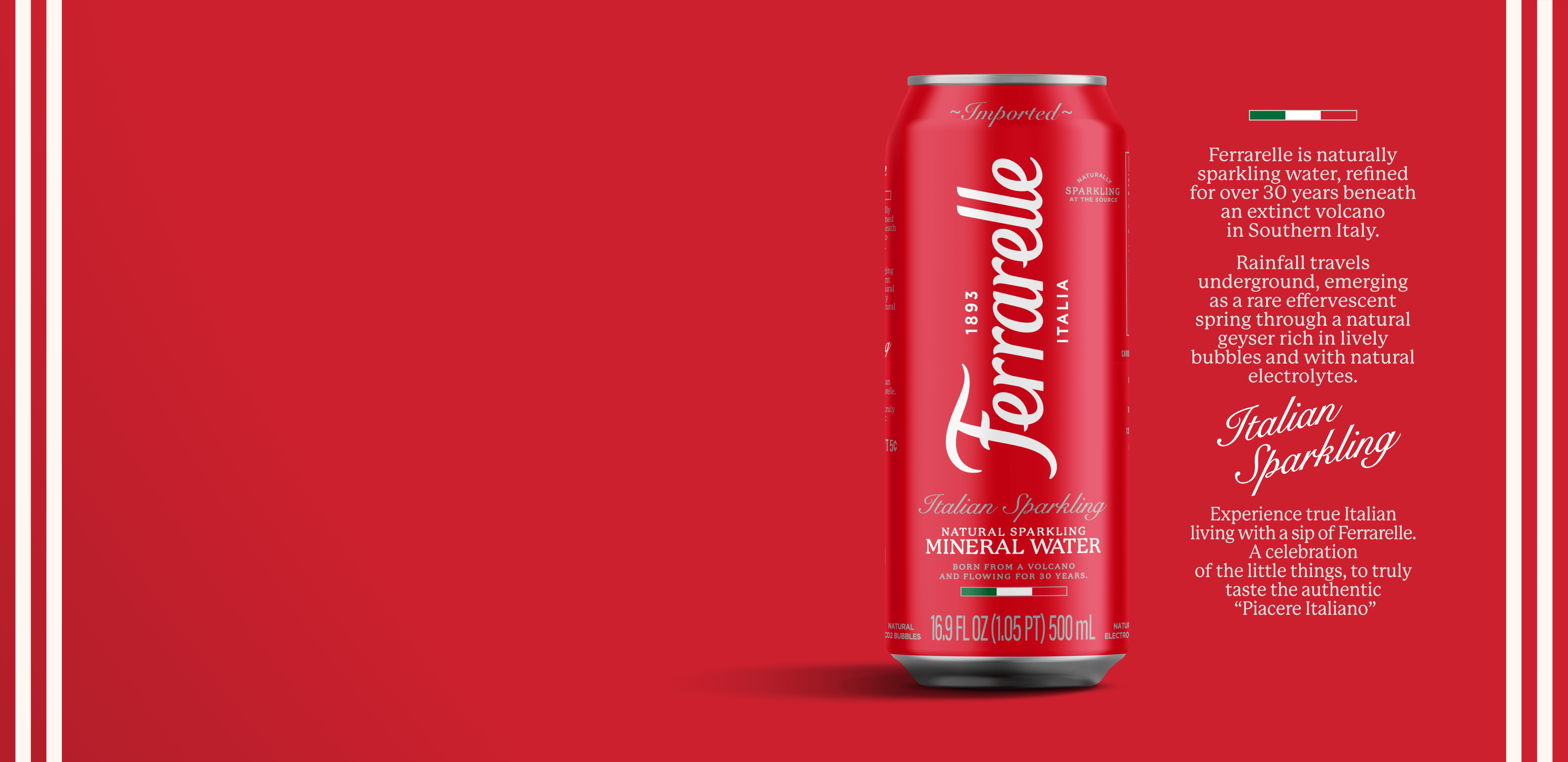 A single can of Ferrarellé Italian Sparkling Mineral Water stands on a red background with descriptive text to the right. The can is predominantly red with white script branding and small green and white flag accents near the top.