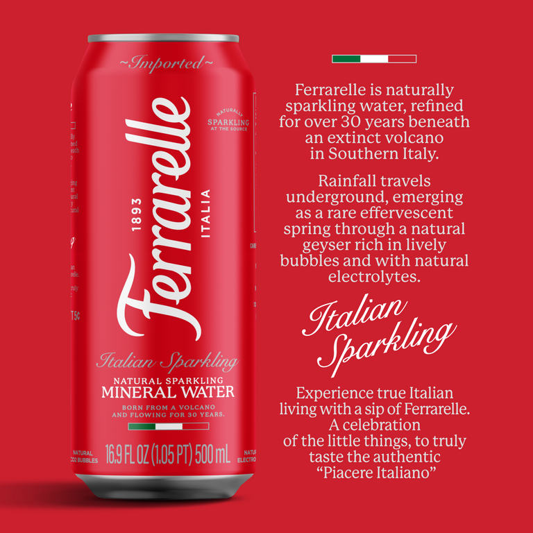 A red Ferrarelle sparkling water can on a red background with white text and a small Italian flag near the top.