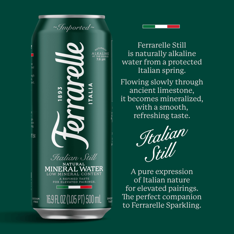 A 500 mL can of Ferrarelle Still mineral water on a dark green background, with descriptive text about the Italian still water and a small Italian flag above the text.