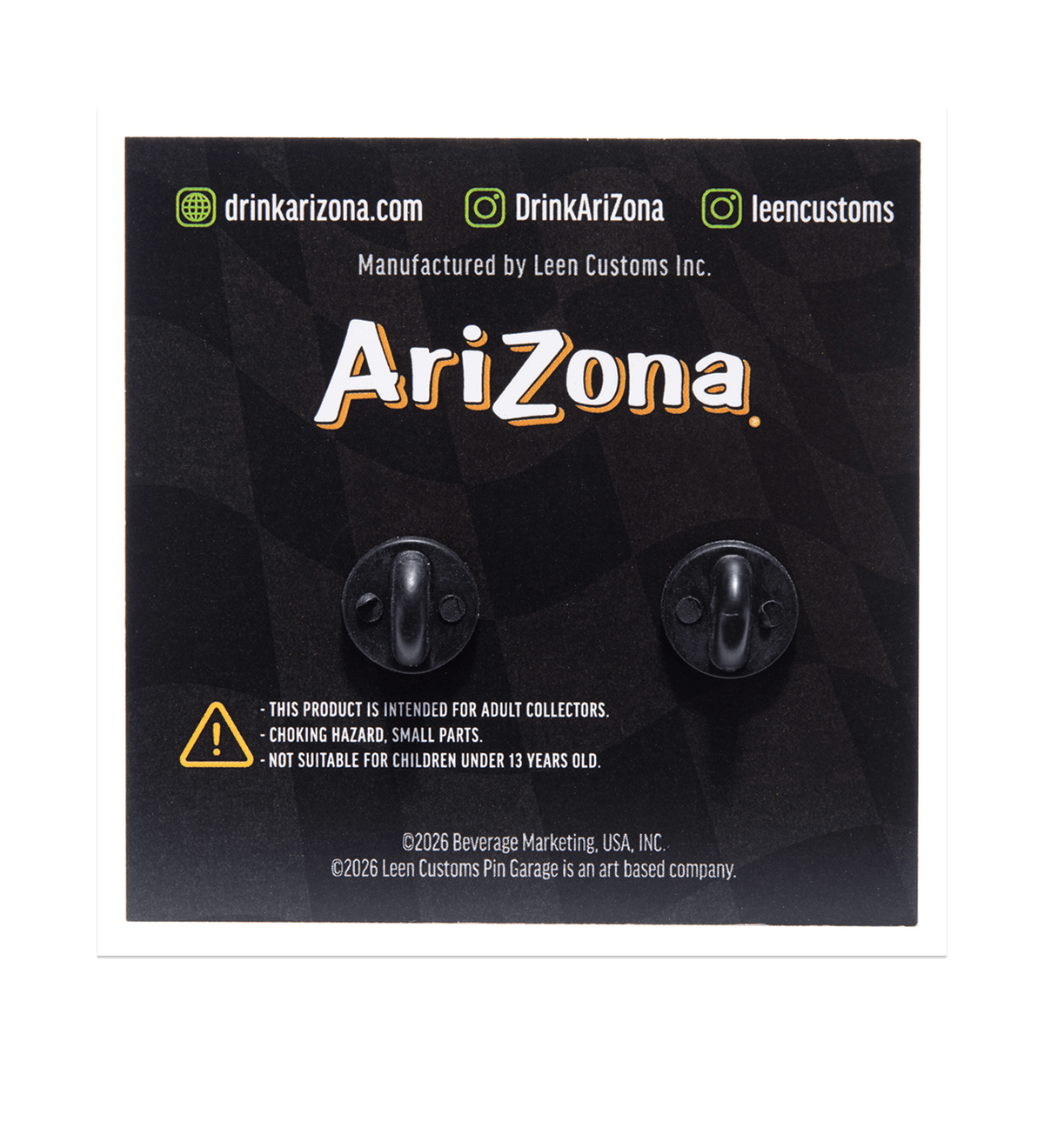 A pair of black Arizona slot car earpieces on a black retail backing card. The card features the Arizona logo, website drinkarizona.
