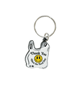Keychain with a smiley face and text on a black background