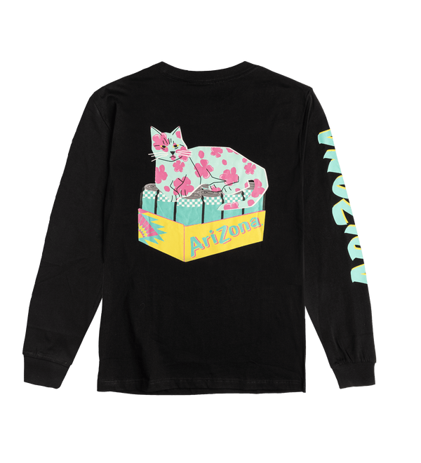 Black long-sleeve shirt with a colorful graphic of a cat and 'Arizona' text 