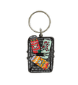 Keychain with colorful packaging design on a black background
