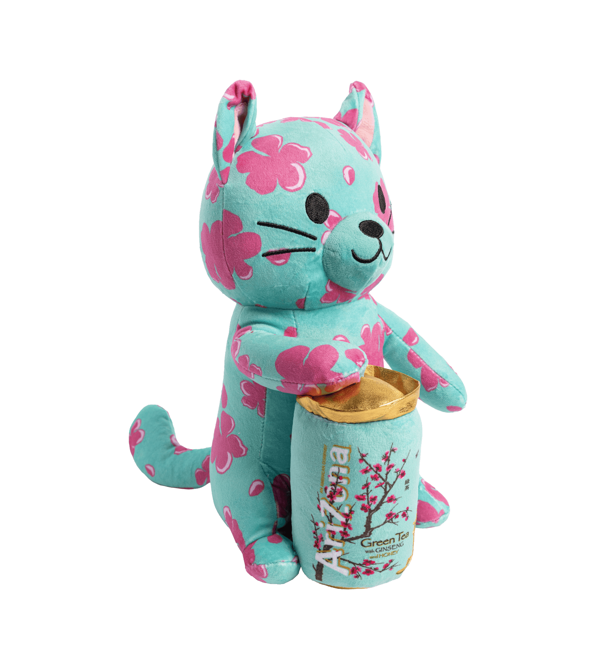AZ Plush toy cat with pink floral patterns holding an Arizona tea can 