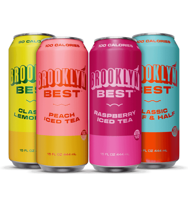 Four colorful cans of Brooklyn Best iced tea 