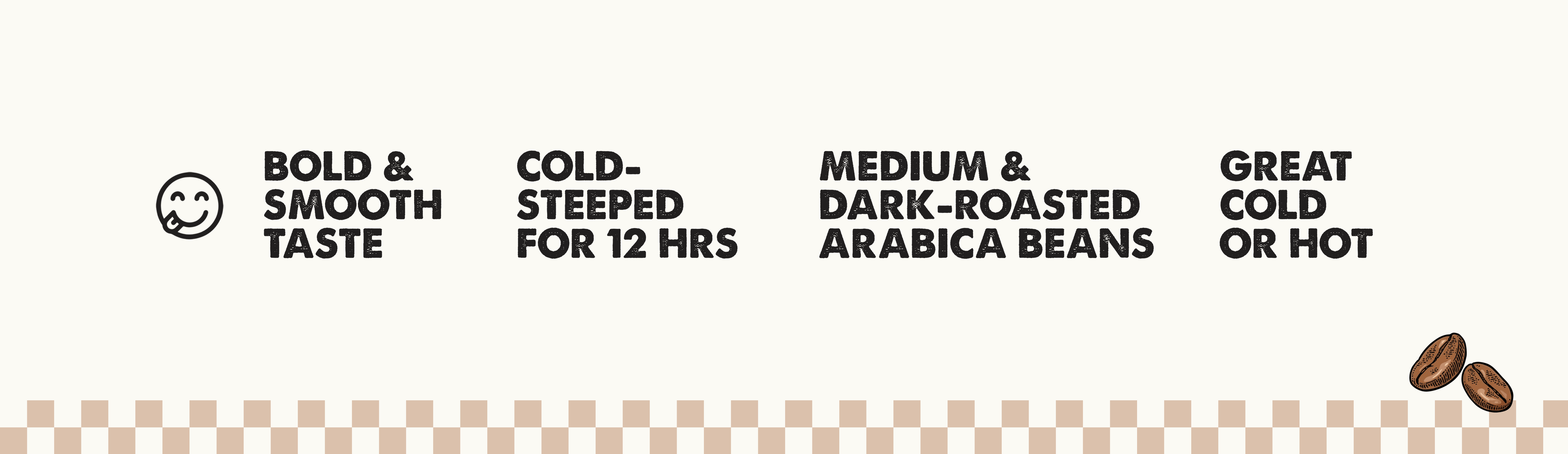 Text describing coffee qualities with a checkered pattern background