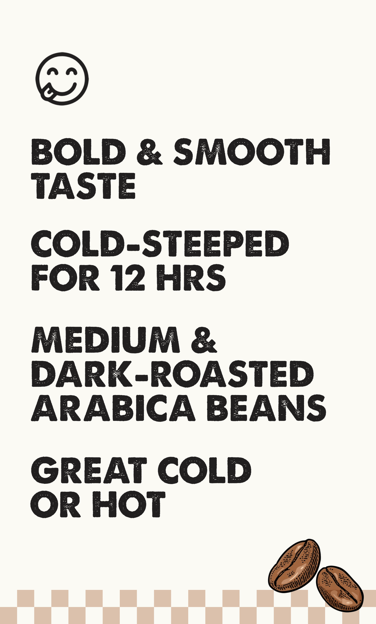 Text describing coffee beans with a smiley face icon on a white background