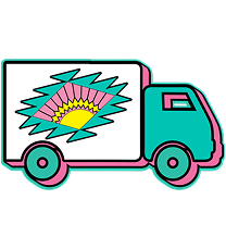 A stylized cartoon delivery truck icon with a white cargo box carrying a colorful fan-like graphic in pink, teal, yellow, and blue, outlined in black on a white background.