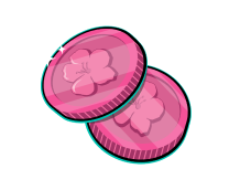 Two pink cherry blossom themed coins with a shiny finish, shown overlapping on a plain white background.