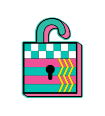 A stylized lock icon with a hinged padlock shape, filled with a retro checkerboard and striped pattern in teal, pink, yellow, and white on a black background.