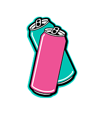 A stylized vector illustration of two overlapping soda cans, one pink and one teal, outlined in black and white, on a solid white background.