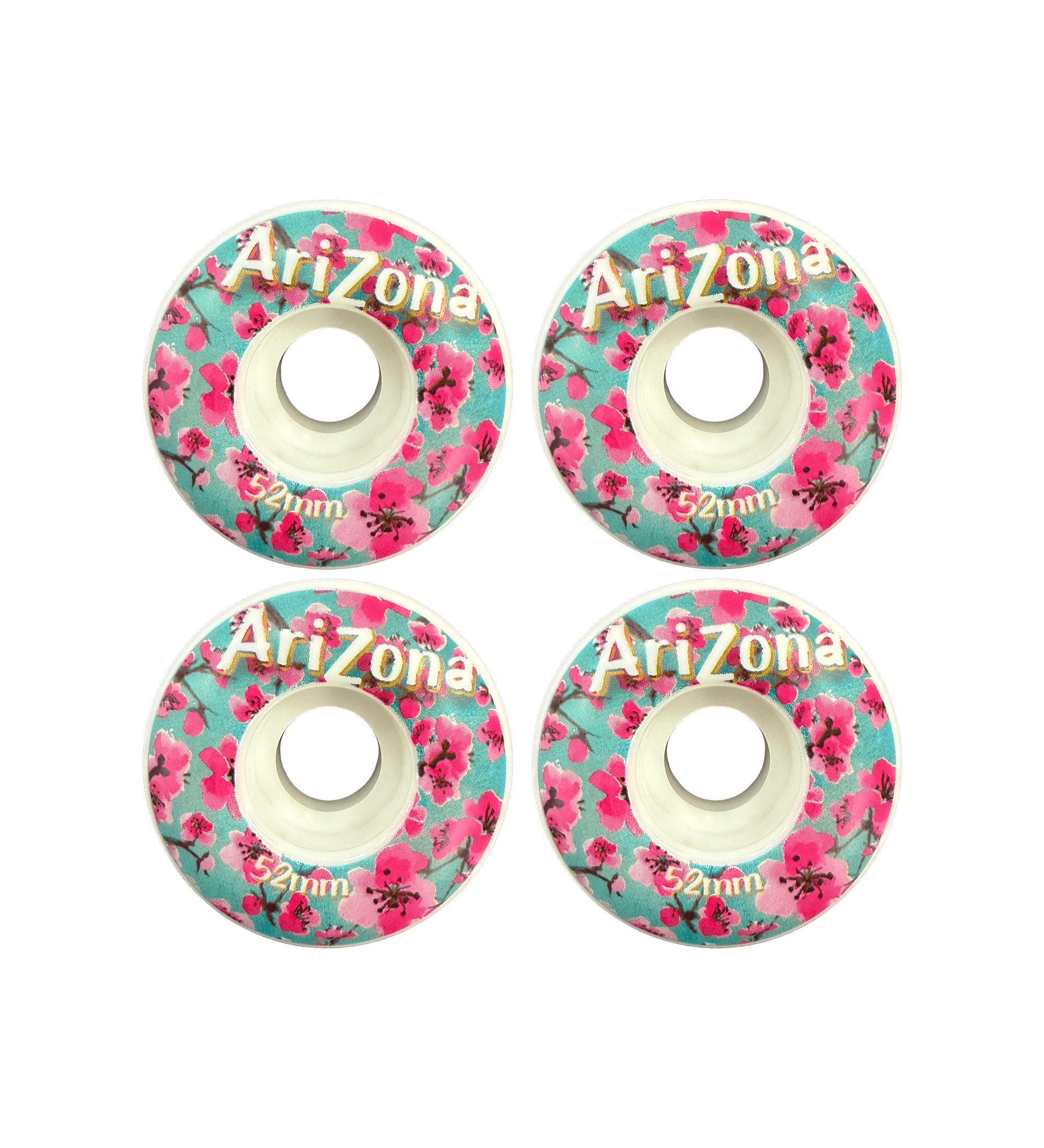 Four Arizona branded skateboard wheels with floral design on a black background