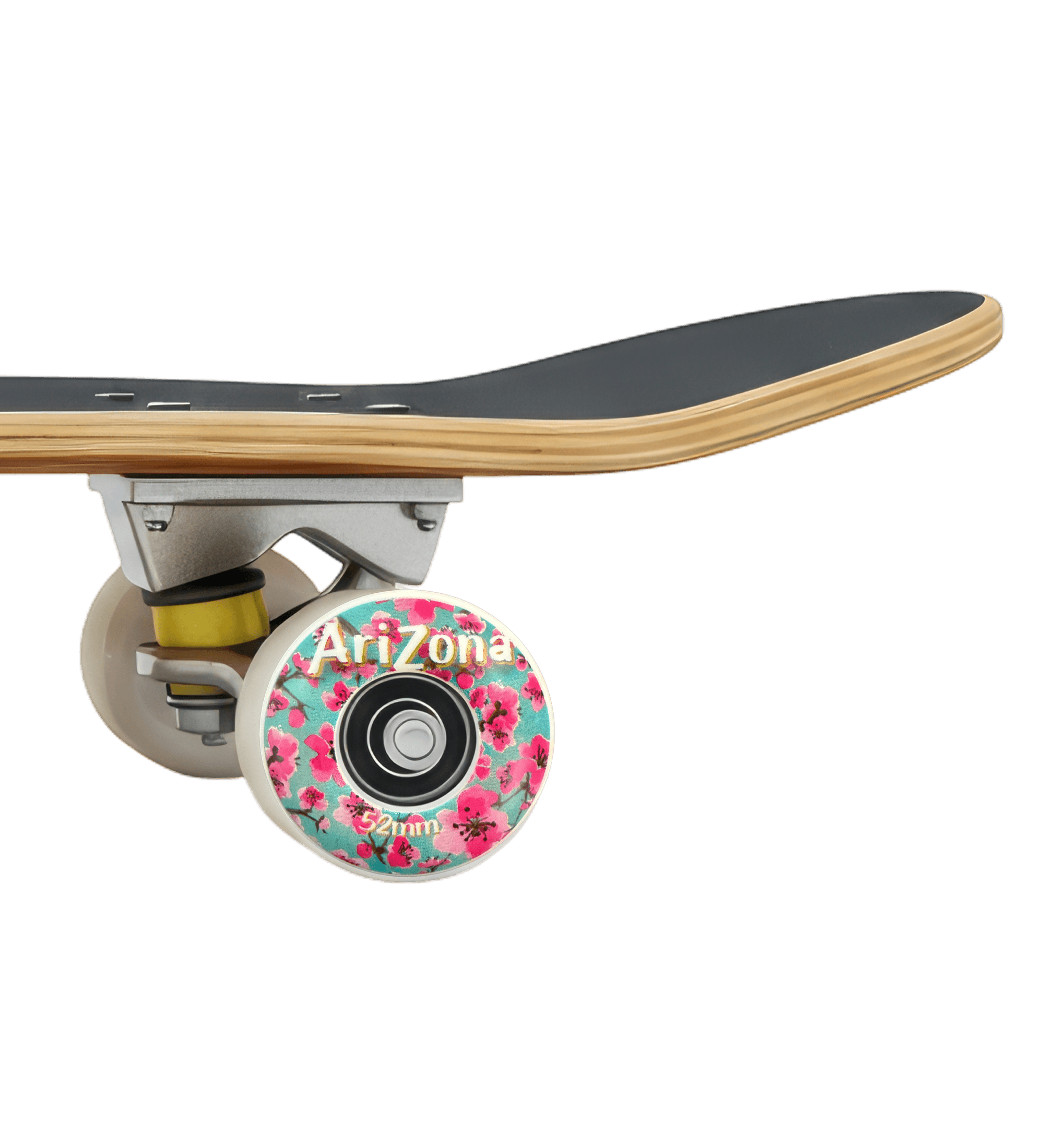 Skateboard with a floral wheel on a black background